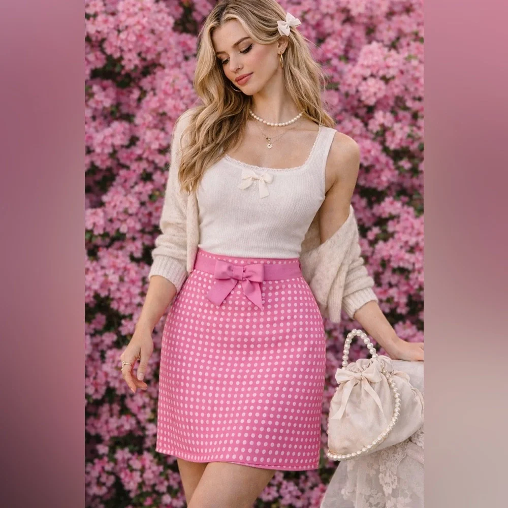 Pink Polka Dot Skirt Coquette Y2K Preppy Girly Bow Mini Cottagecore Loft‎ Sz 10